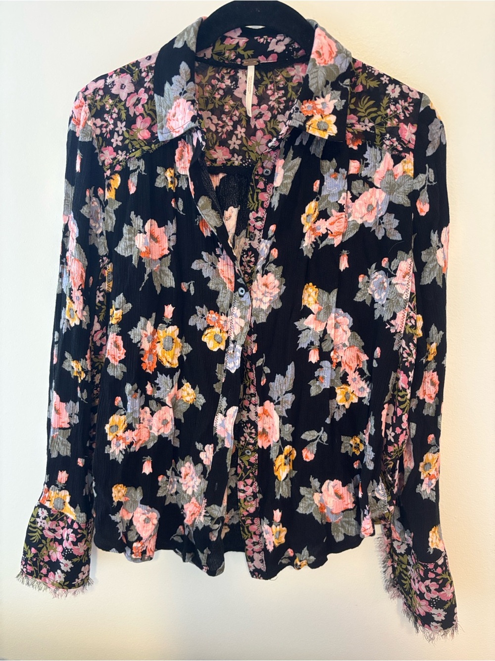 Free People Black Floral Button-Front Blouse with Pink & Yellow Flowers